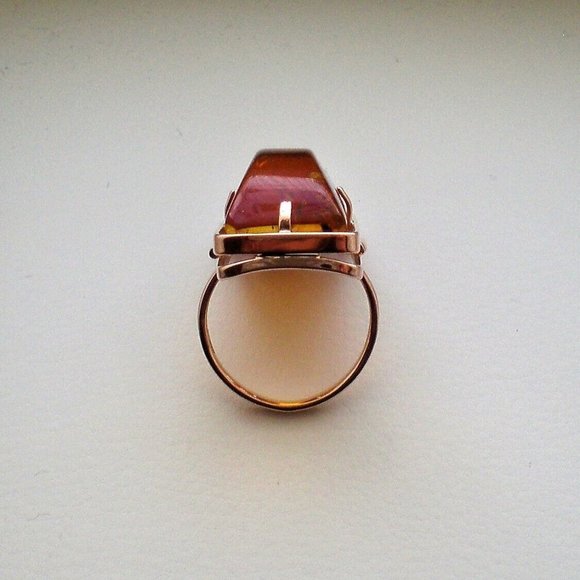 Russian Russia USSR 14K 585 Rose Pink Gold Baltic Honey Amber Cocktail RING - Picture 9 of 11